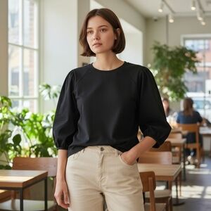 A New Day Women's Long Sleeve Round Neck Mixed Cotton Poplin Blouse Black Size S